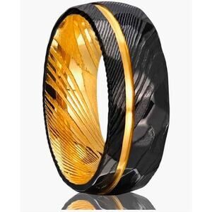 Damascus Steel Ring Black Hammered Inlaid Golden Groove Wedding Band Size 10.
